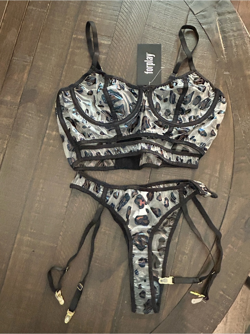 Forplay Sheer Leopard Bralette & Garter Thong Set in Black and Silver